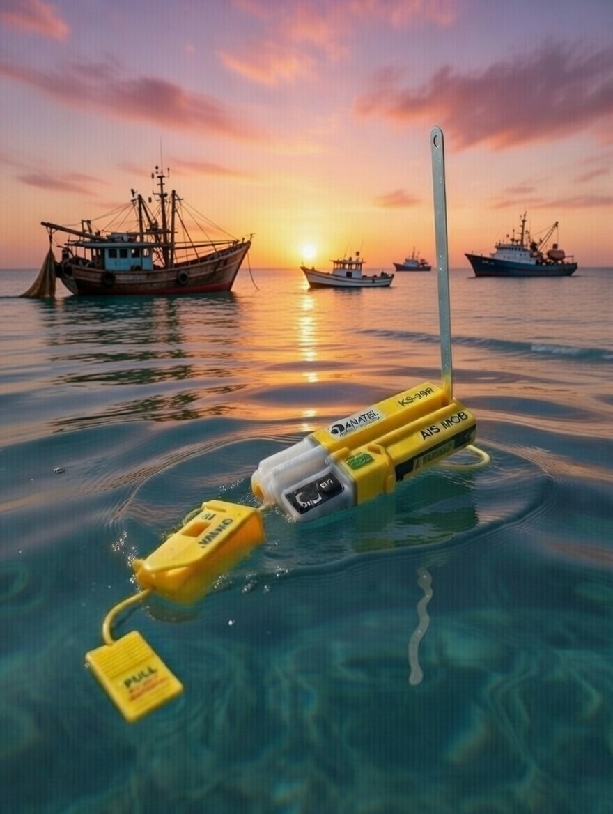 Dispositivo KS-33R acoplado a um colete salva-vidas