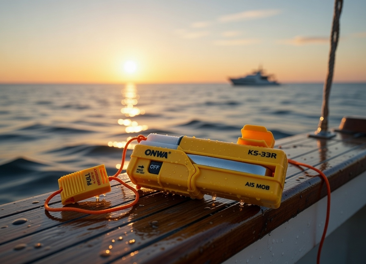 Homem ao mar com colete salva-vidas e dispositivo MOB acionado